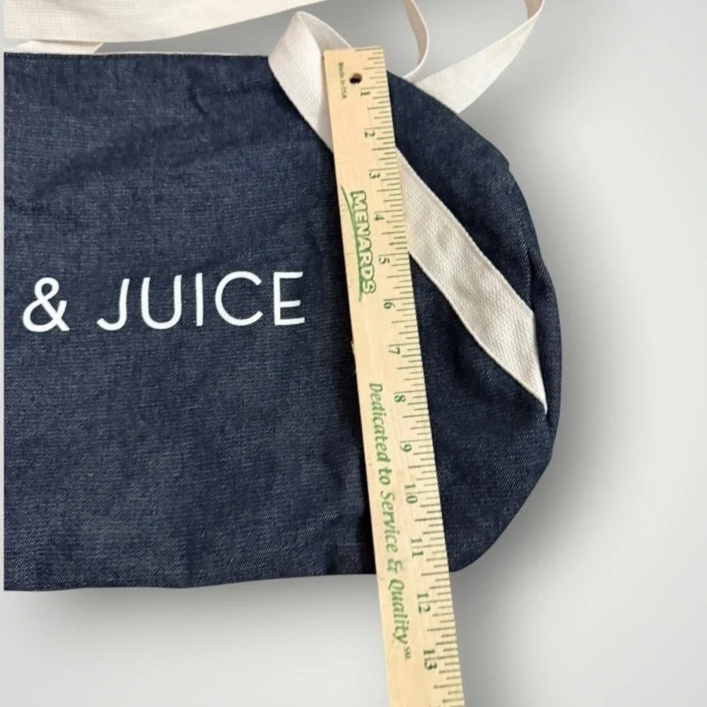 Gym & Juice Duffel Bag Large Blue Denim Graphic Travel Barrel Workout Yoga Funny